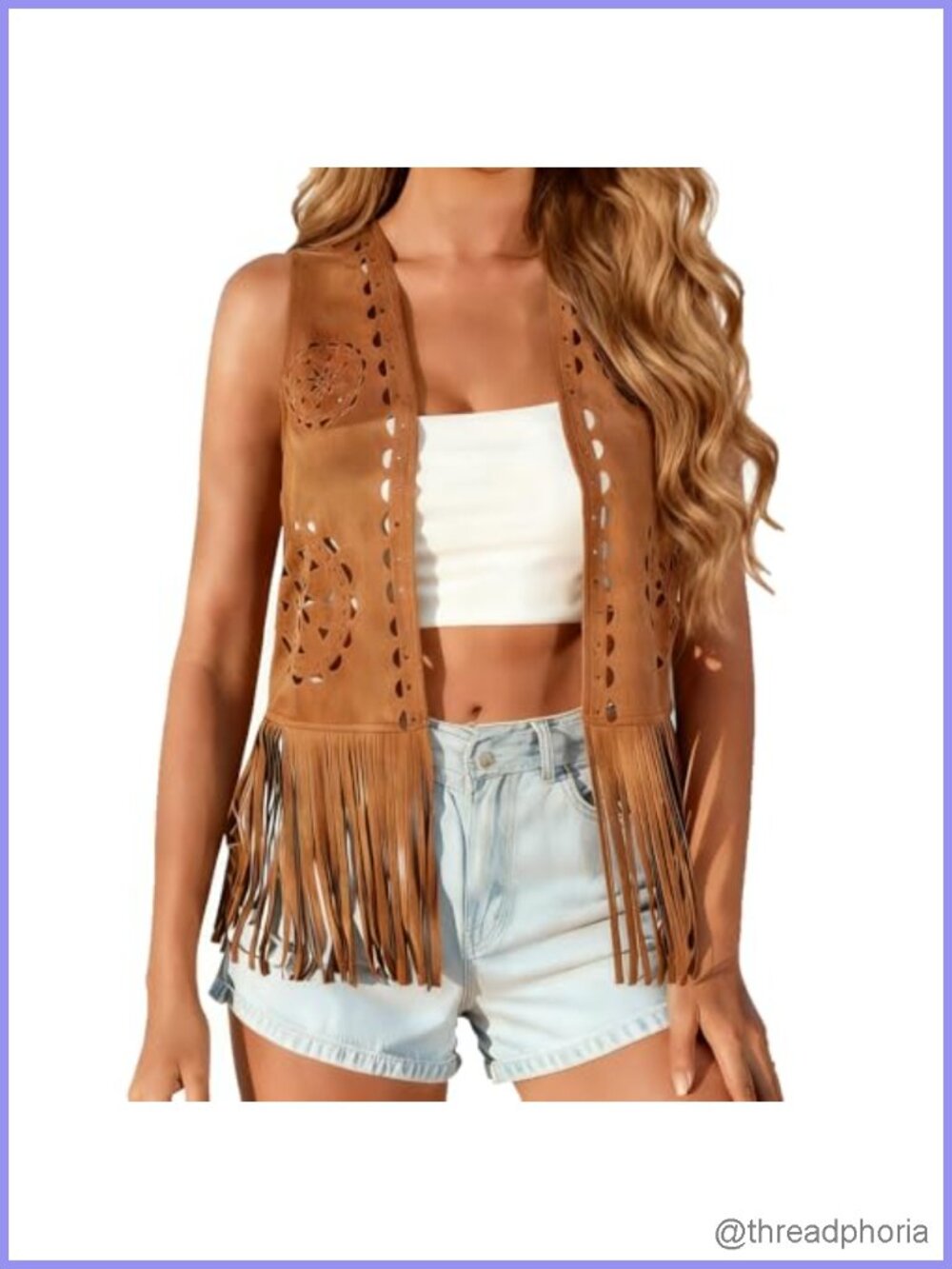 Women Faux Suede Fringe Vest 70s Hippie Cowgirl Open Front Cardigan